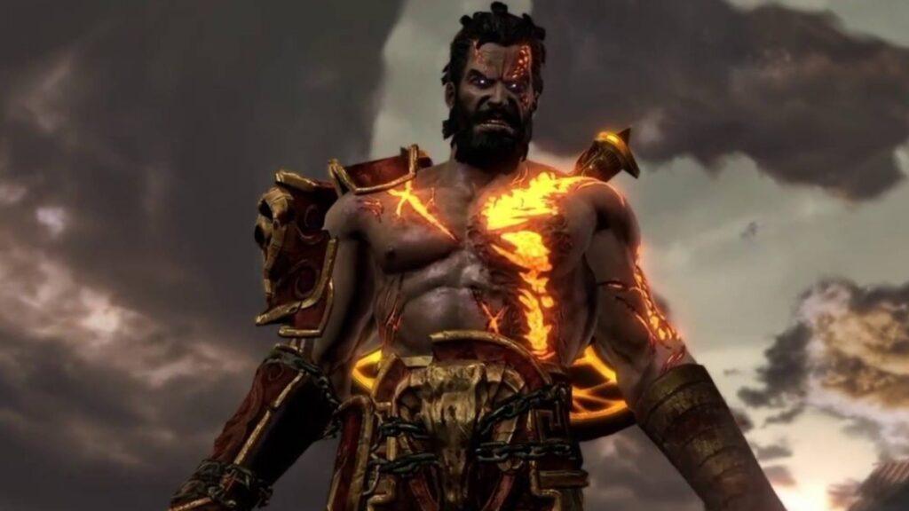 Деймос, брат Кратоса, с раскалёнными трещинами по телу — God of War: Ghost of Sparta.