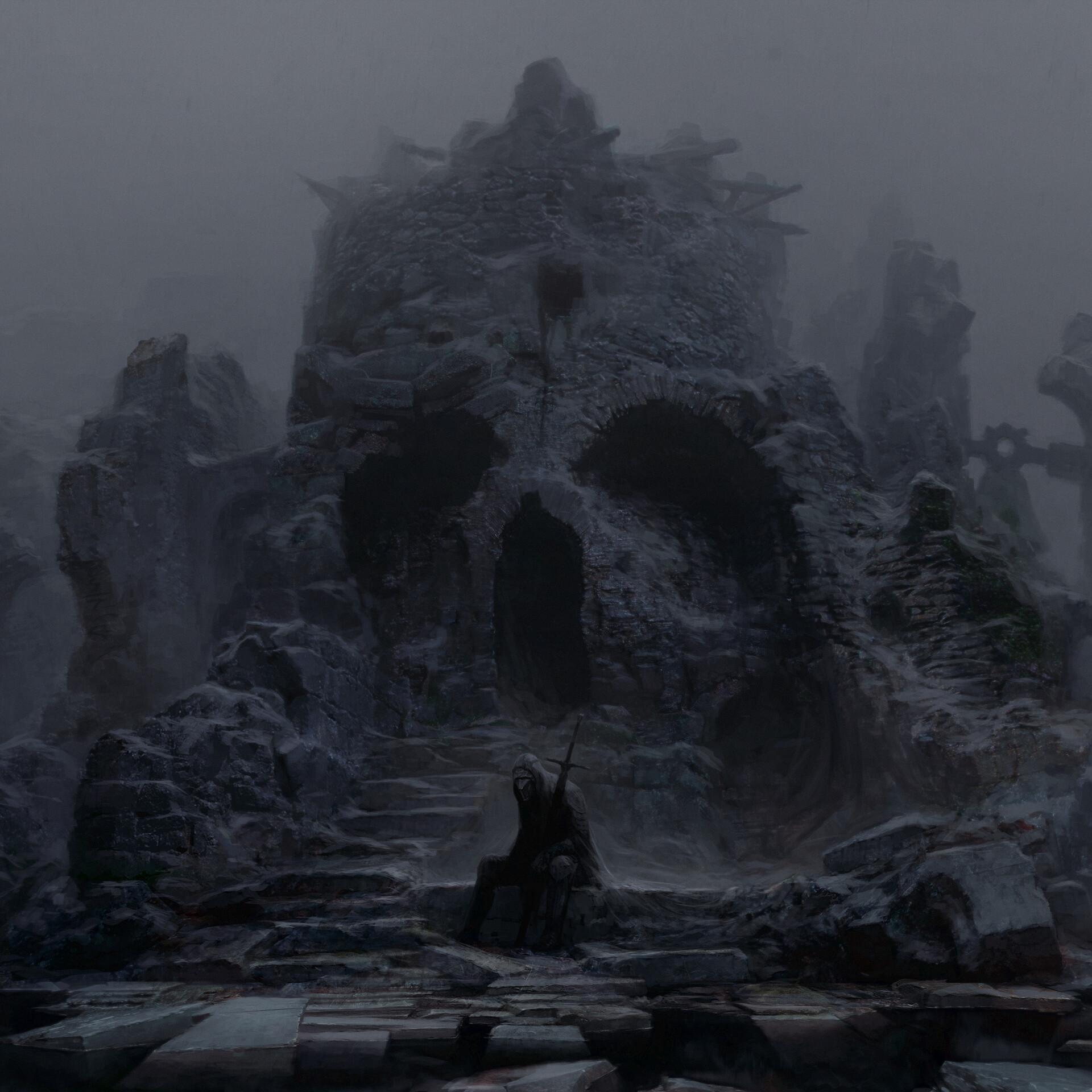 Мрачный арт в стиле темного фэнтези от Artem Demura, изображающий огромную, частично разрушенную каменную крепость, вырубленную в форме черепа. Одинокий рыцарь сидит на ступенях, ведущих к центральному проходу, создавая атмосферу меланхолии и запустения. Арт Mortal Shell.