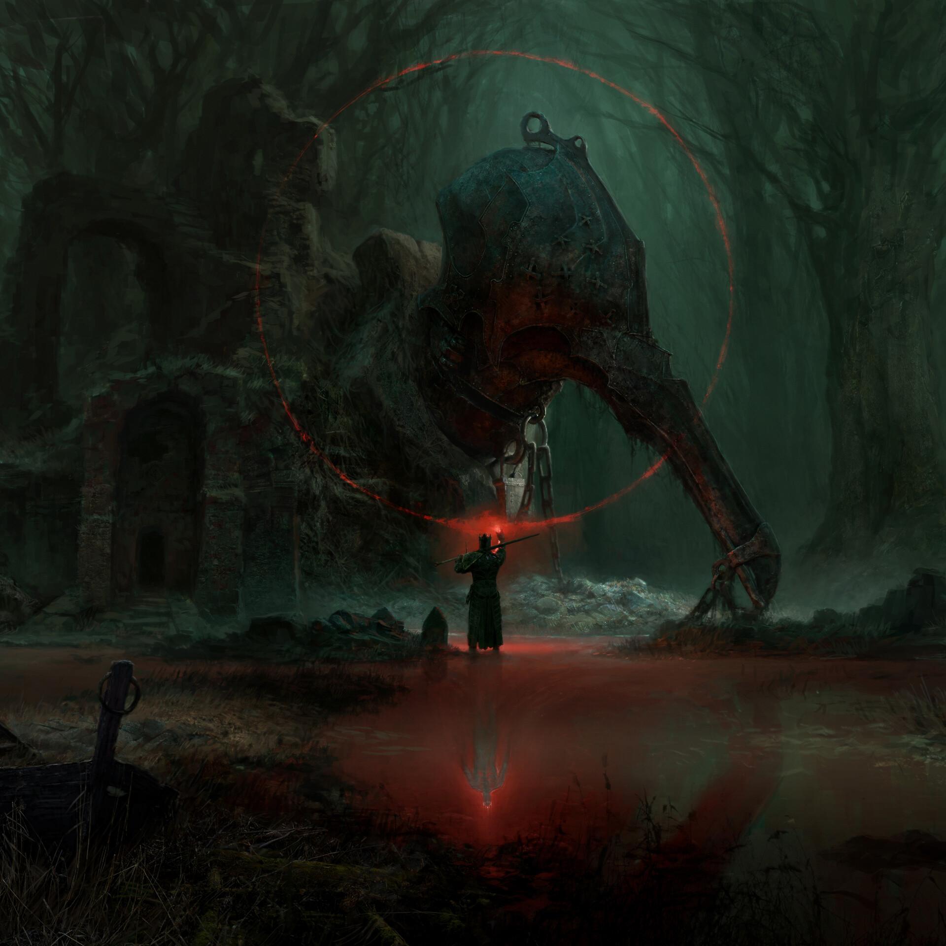 Атмосферный пейзаж в стиле темного фэнтези: густой, темный лес. Работа Artem Demura — арт игры Mortal Shell.