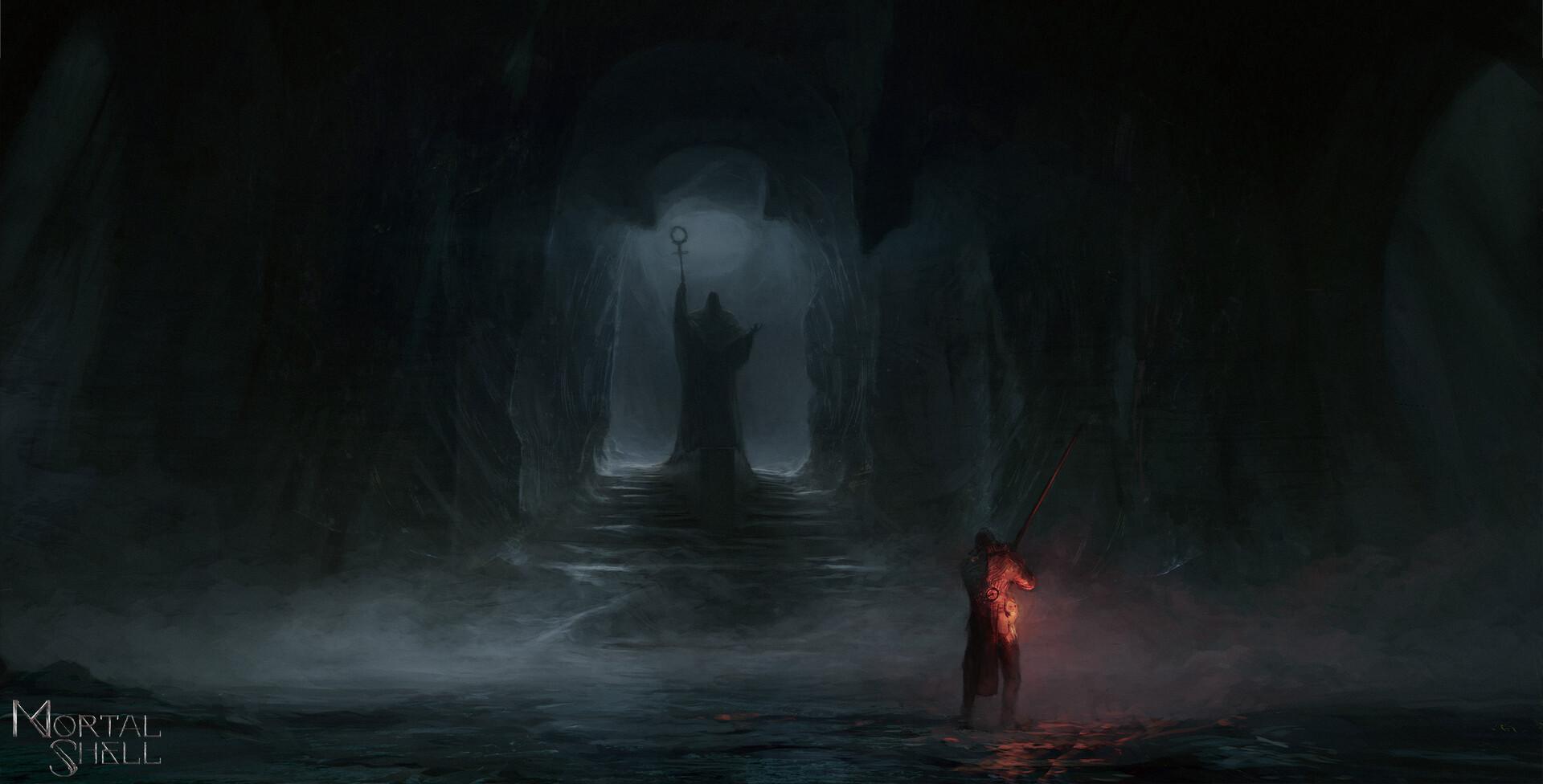 Живопись темного фэнтези Artem Demura: рыцарь в доспехах, держащий светящийся меч, стоит перед входом в мрачный, туманный средневековый склеп. Арт Mortal Shell.