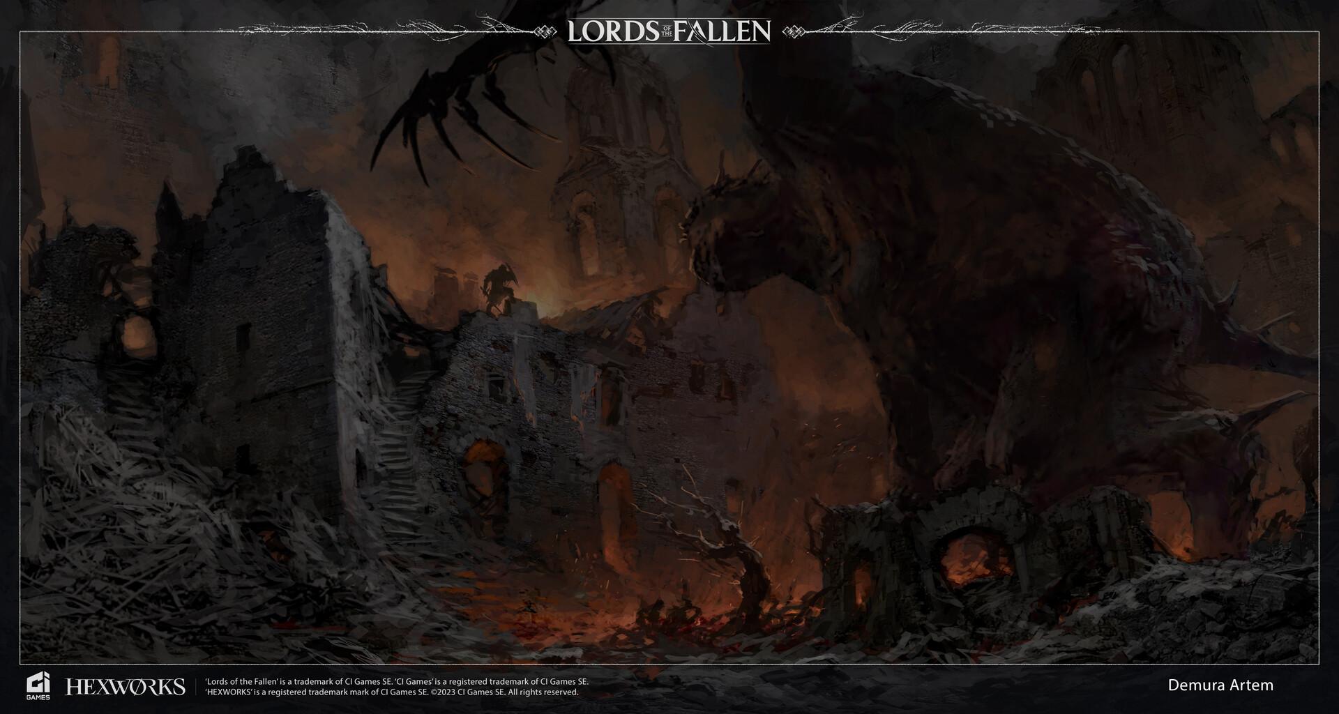 Апокалиптический арт Artem Demura: огромный, темный монстр нависает над разрушенными городскими руинами. Арт Lords of the Fallen 2023.