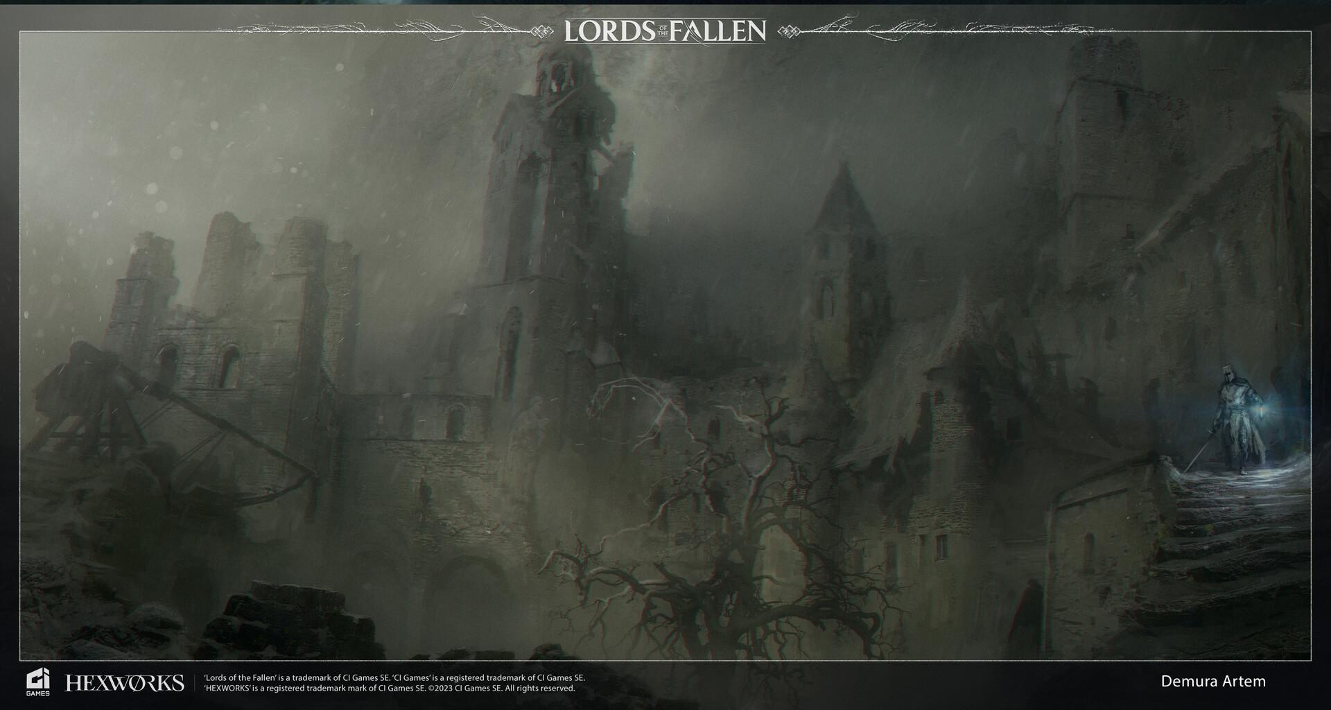 Средневековый замок в пепле и тумане. Одинокая фигура в плаще с фонарем поднимается по ступеням на переднем плане. Атмосферный арт Artem Demura. Арт Lords of the Fallen.