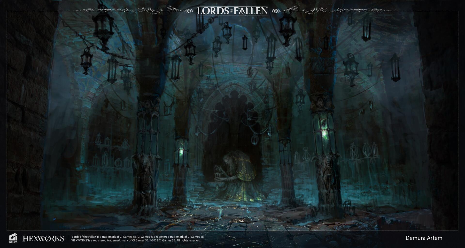 Готический интерьер склепа или храма, заполненный сотнями подвесных фонарей и резными колоннами. Работа Artem Demura, передающая таинственность. Арт соулслайка Lords of the Fallen.