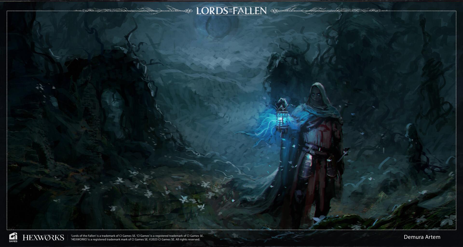 Рыцарь в темных доспехах и плаще стоит среди корявых, темных деревьев в лесу. Картина темного фэнтези Artem Demura. Арт из игры Lords of the Fallen 2023.