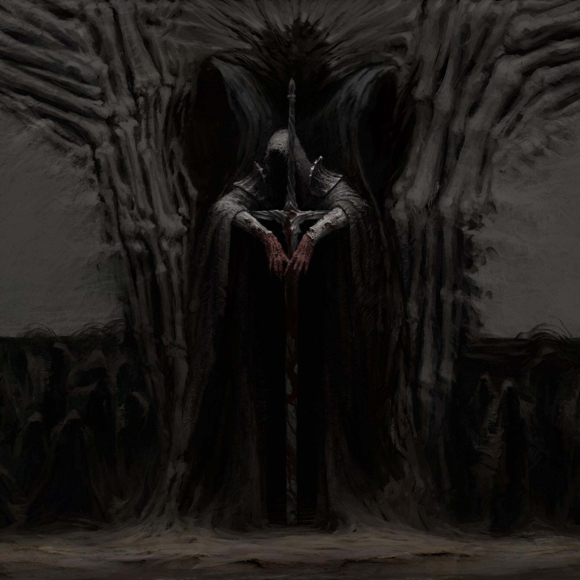 Живопись темного фэнтези Artem Demura: фигура в капюшоне, напоминающая мрачного жнеца, сидит на троне, полностью сделанном из костей и скелетов, и опирается на меч.