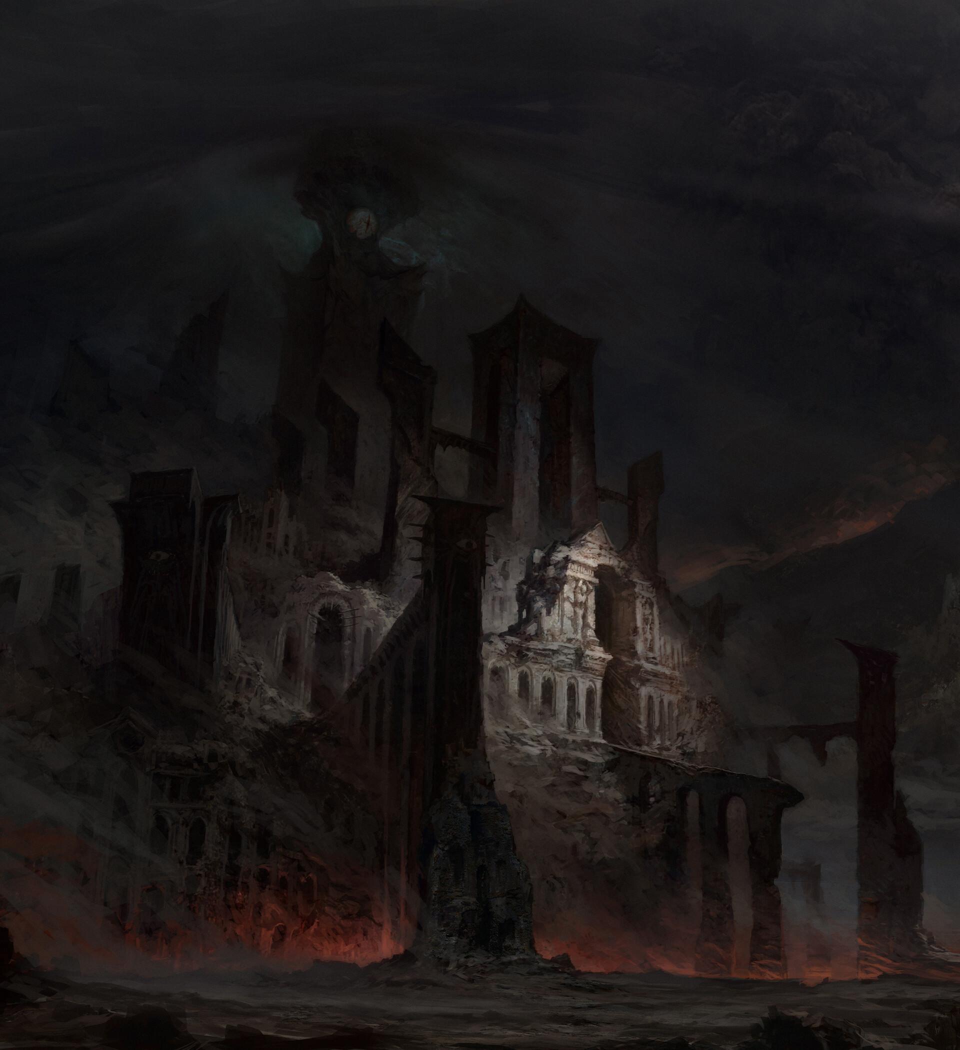 Концепт-арт Artem Demura: разрушенный монументальный собор или готическая постройка, поросшая темными корнями и искаженная временем. Эпичное и печальное фэнтези, передающее ощущение забытого величия.