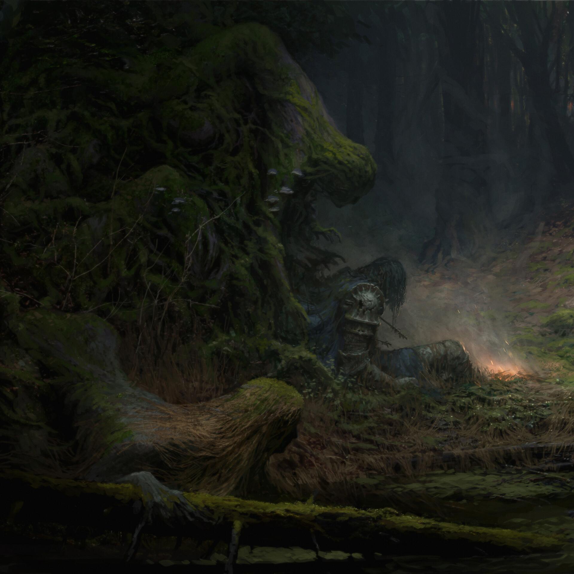 Одинокий воин в древнем лесу — арт в стиле тёмного фэнтези от Артёма Демуры.