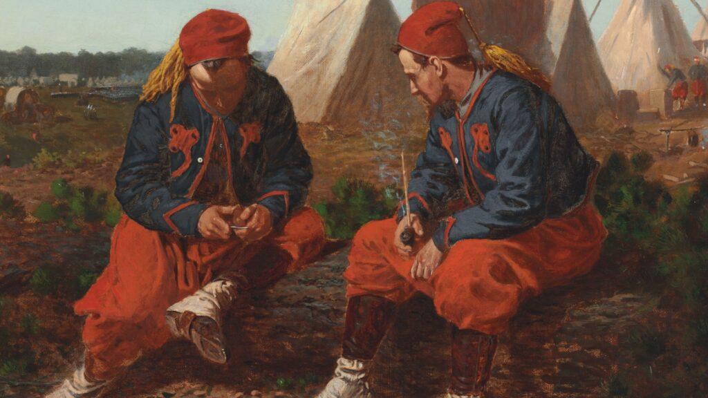 Солдаты-зуавы в лагере Гражданской войны США, форма полка Enfants Perdus, зуавы в красных шароварах и фесках, историческая живопись, солдаты иммигранты 1860-х