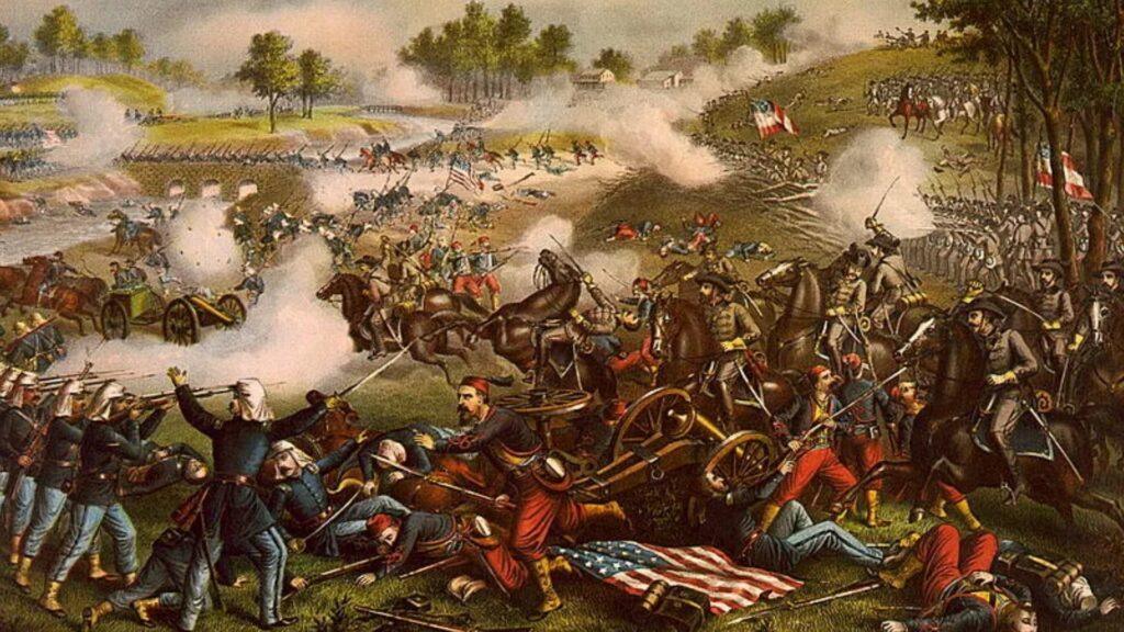 Штурм в Гражданской войне США, литография боя зуавов и солдат Союза, сражение под Чарльстоном или Булл-Раном, историческая иллюстрация Гражданской войны 1860-х, Жак Рёллингер ранения