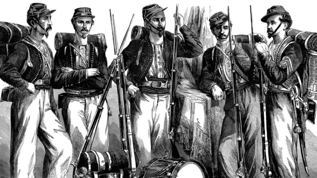 Солдаты полка Enfants Perdus Гражданская война США, зуавы иммигранты Нью-Йорк, форма добровольцев 1860-х, историческая гравюра солдат Союза, Жак Рёллингер полк Потерянные дети