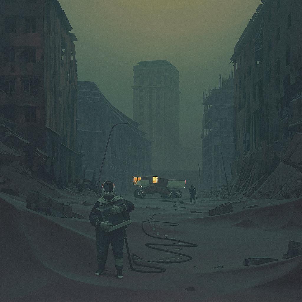 Хоррор-арт Лабиринт (The Labyrinth) Саймона Столенхага, выжившие в защитных костюмах среди ядовитого серого тумана. Источник и права: https://www.simonstalenhag.se/