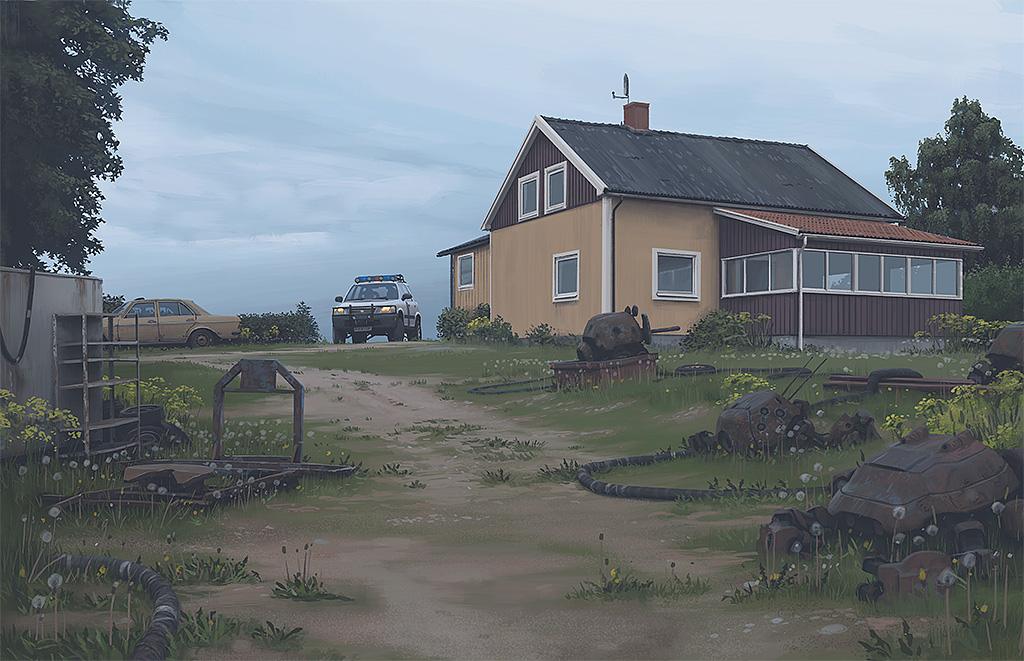 Мрачный арт Вещи из потопа (Things from the Flood) Саймона Столенхага, затопленный пейзаж и ржавая техника. Источник и права: https://www.simonstalenhag.se/