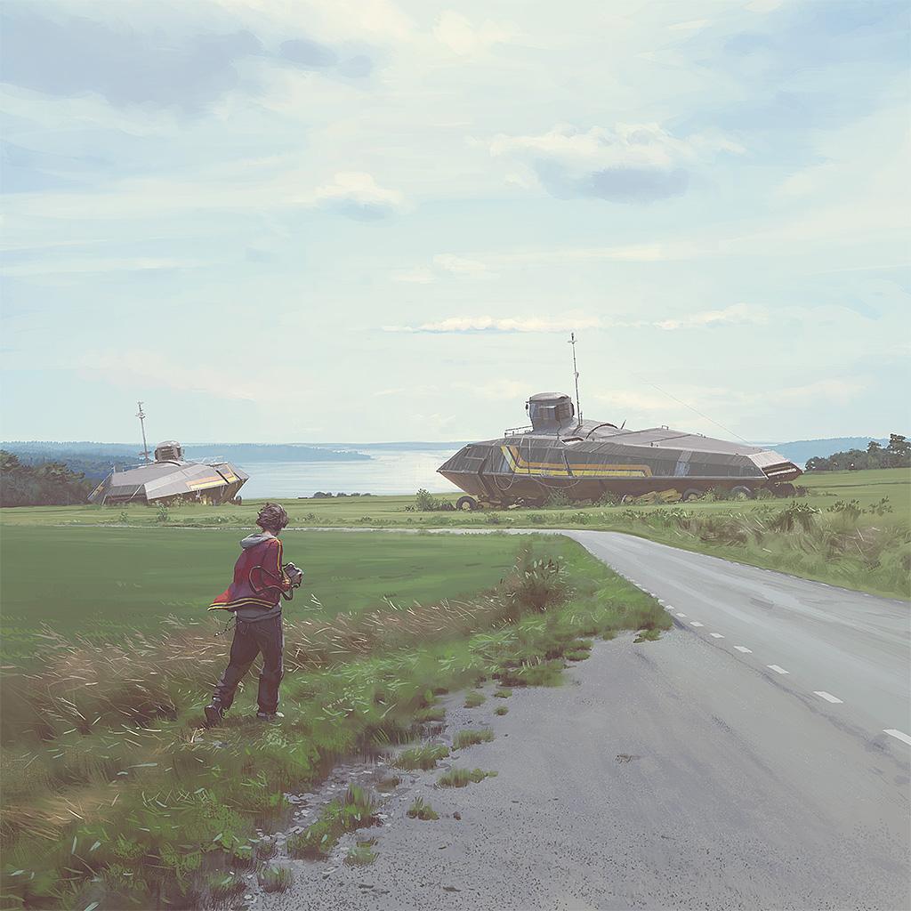 Концепт-арт Things from the Flood, подростки 90-х на фоне жуткого механического монстра в темной воде. Источник и права: https://www.simonstalenhag.se/