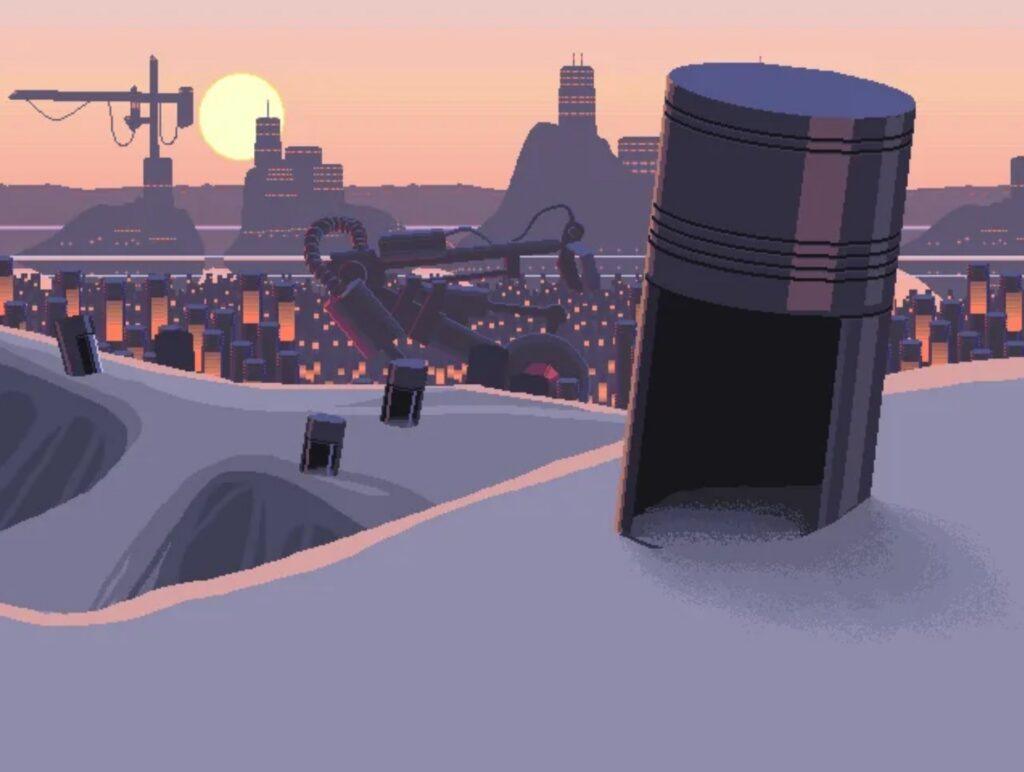 Скриншот из ретро-игры Ripple Dot Zero от Саймона Столенхага, 16-битный пиксель-арт с киберпанк-уровнем.