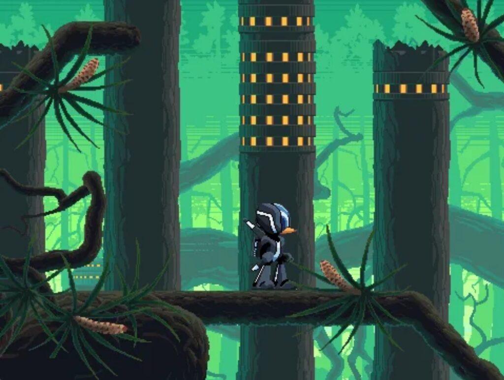 Экшен-сцена из платформера Ripple Dot Zero, авторский пиксель-арт и дизайн уровней Саймона Столенхага.