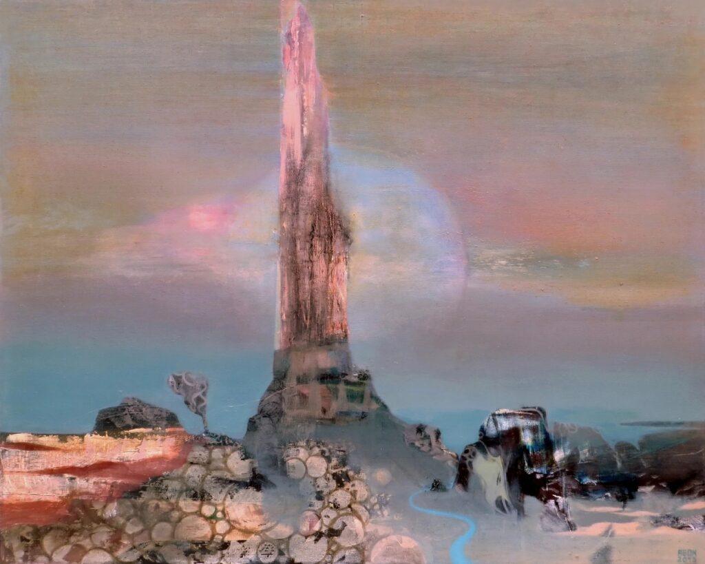 Картина Obelisk художника Алексея Адонина. Мягкие голубые и зелёные тона передают спокойное течение, а чёткие детали намекают на скрытую сложность. Эта картина приглашает зрителя ощутить, что все проявления мира — лишь нити одной непрерывной сущности.