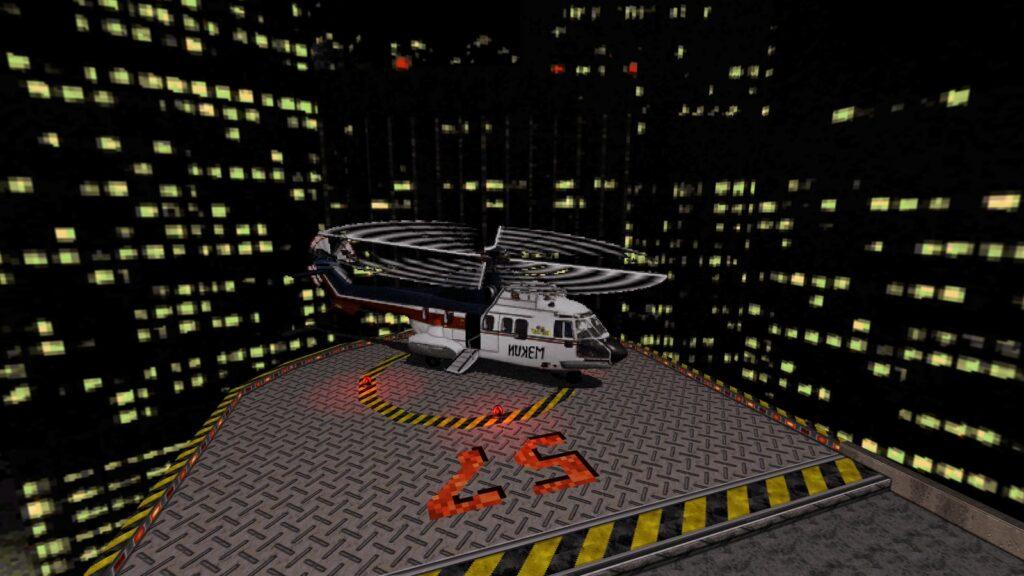 Duke Nukem 3D: вертолёт на крыше небоскрёба посреди ночного города.