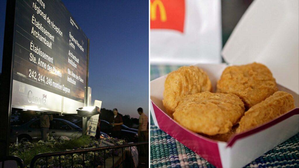 Въезд в тюремный комплекс Сент-Анн-де-Плен в Квебеке и наггетсы McDonald's, которые дрон доставил заключённому вместе с алкоголем.