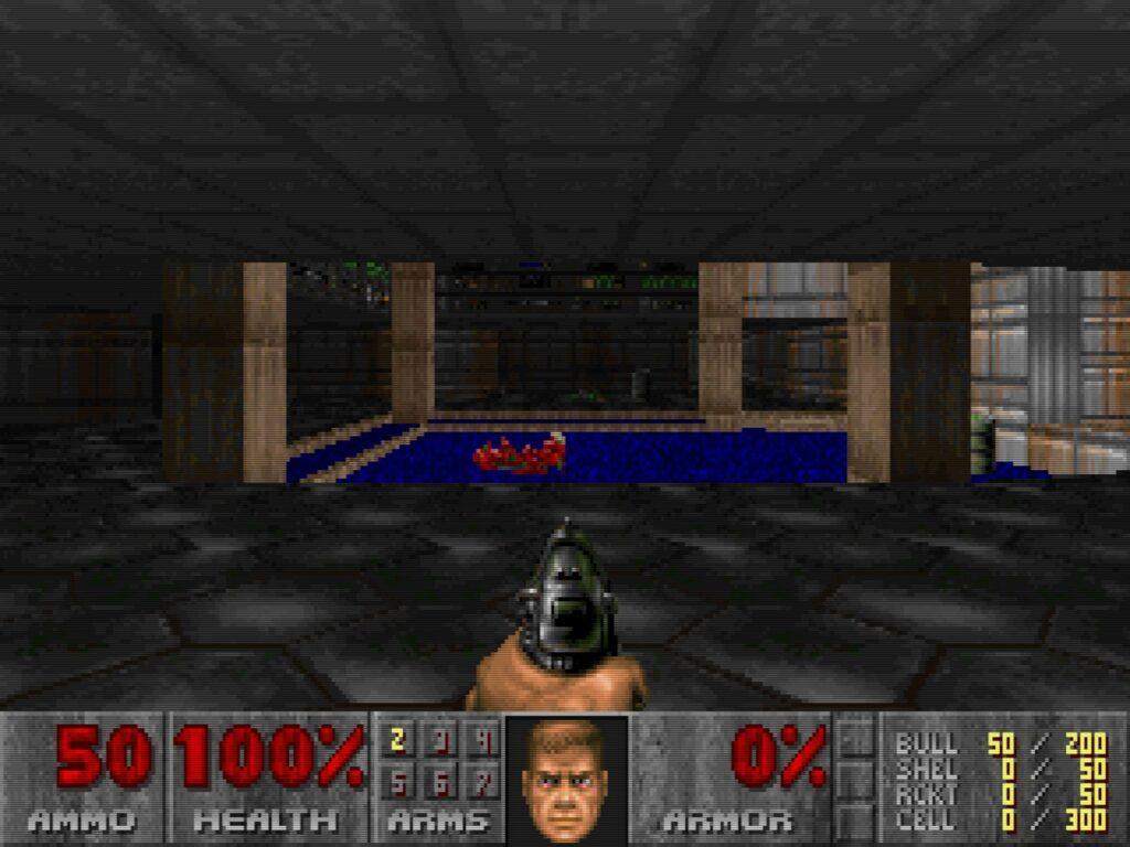 Первый уровень Doom, E1M1 Hangar: в нём Левелорд впервые опустил пол и поднял потолок в редакторе DEU.